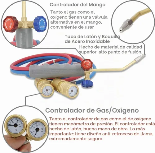 Vista 4 de Kit de antorcha de oxígeno MAPP con medidor de presión con soporte de tanque, gafas y encendedor de chispa de pedernal