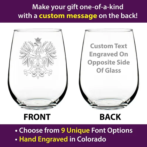 Vista 2 de Custom Polish Eagle Personalized Stemless Wine Glass - Poland Gifts or Party Decor for Women & Men - Large 17 Oz Wine Glasses - Customized Wine