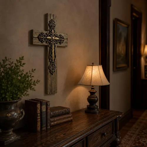 Vista 8 de Comfy Hour - Decoración de pared cruzada de 13 pulgadas, cruz de pared en capas, tono cobre Wall crosses for home decor, large decorative cross