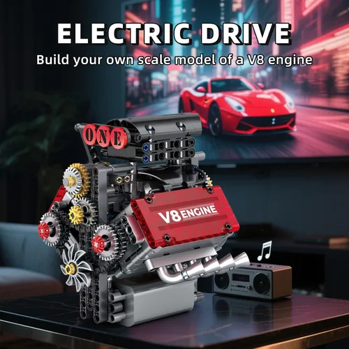 Vista 2 de Juego de construcción de motor V8, kit de modelo de motor V8 que funciona, construye tu propio kit de motor STEM Mini V8 con batería y motor, motor