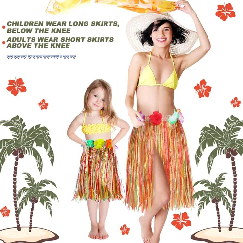 Vista 4 de Vicenpal 50 faldas hawaianas de hula de plástico para niños, coloridas danzas, Luau, recuerdo de fiesta, fiesta hawaiana tropical, suministros