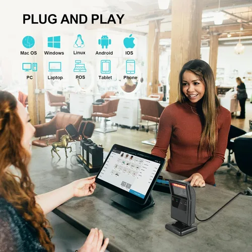 Vista 7 de OBZ Escáner de código de barras inalámbrico 2D, Bluetooth y 2.4G y USB con cable 3 en 1, lector de código QR omnidireccional manos libres