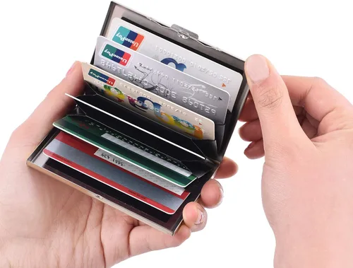 Vista 33 de BONSYL® Soporte para tarjetas de crédito, cartera delgada de metal con bloqueo RFID, con 6 ranuras para tarjetas, para mujeres y hombres.