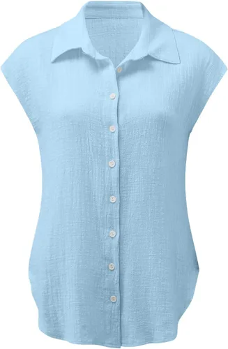 Vista 54 de Ceboyel Camisas para mujer de moda de verano, algodón, lino, manga corta, cuello con botones, blusa casual para mujer 2023