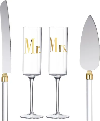 Vista 7 de Boao Juego de 4 flautas para tostadas de boda y servidor de tartas, suministros de recepción de boda, cilindro, copas de champán, cuchillo para Claro