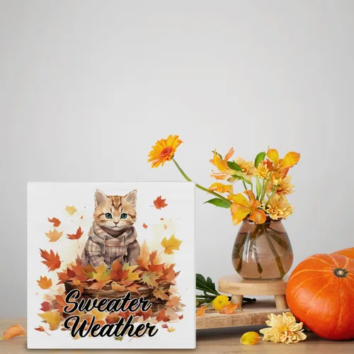 Vista 3 de Decoración de otoño para el hogar, decoración de otoño, suéter de madera, letrero de madera de arce y gato, decoración interior para escritorio