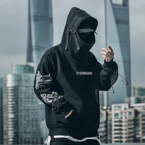Vista 2 de XYXIONGMAO Streetwear Techwear Sudadera con capucha Cyberpunk Tactical para hombre, color negro, Urban Hip Hop