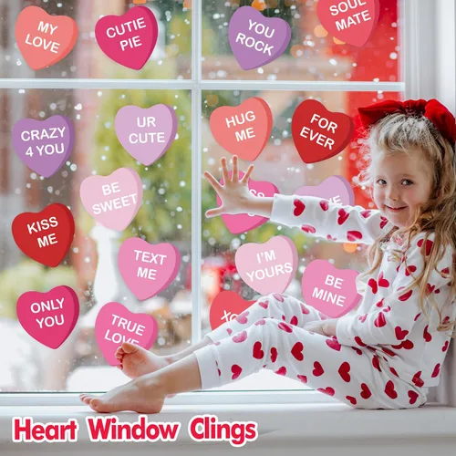 Vista 6 de 12 hojas de calcomanías para ventana del día de San Valentín, diseño de corazón de conversación de doble cara, calcomanías de caramelo