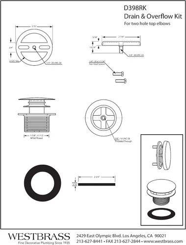 Vista 2 de Westbrass D398RK-12A Tapón de drenaje de bañera con punta de hongo de rosca gruesa NPSM de 1-1/2 pulgadas con placa frontal de desbordamiento Bronce