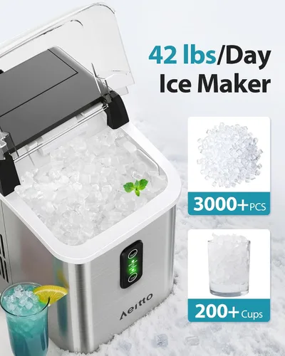 Vista 2 de Aeitto Nugget - Máquina de hielo para encimera, máquina de hielo de 42 libras/24 horas con tanque de agua de 1.5 L, liberación rápida de hielo en 6