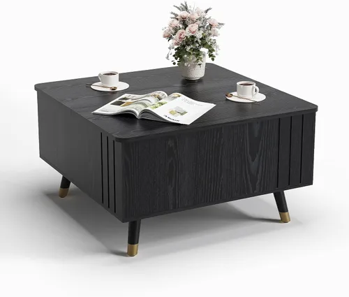 Vista 8 de Mesa de centro elevable con almacenamiento, mesa central negra de 32 pulgadas para sala de estar, mesa de comedor cuadrada con patas de madera maciza
