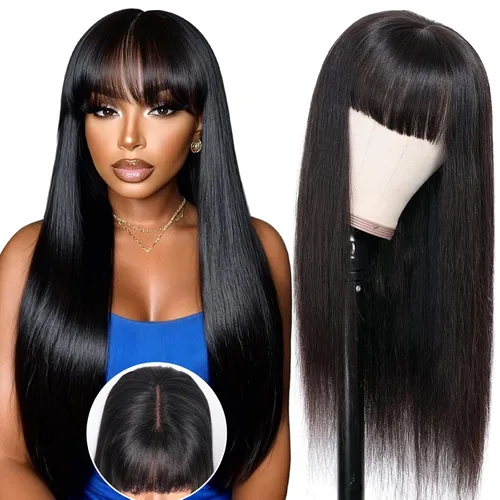 Vista 21 de Straight Human Hair Wigs with Bangs 180% Density 2x4 Lace Front Wigs with Bangs Closure Wear and Go Glueless Wigs 100% Brazilian Virgin Human Hair