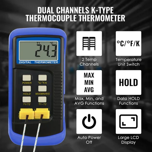 Vista 2 de Termómetro de termopar tipo K (-50 ~ 2,372.0 °F), medidor de temperatura digital de doble canal con 2 abrazaderas de temperatura y sensores de sonda