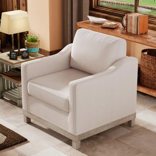 Vista 4 de Sillón moderno de lino/silla de acento/sofá individual con base de madera de goma para sala de estar, dormitorio, apartamento, oficina, color beige