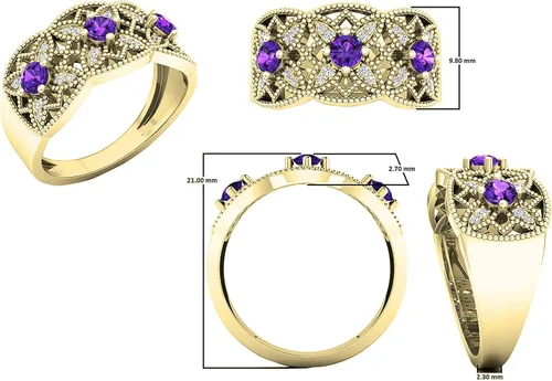 Vista 5 de Anillo de compromiso de oro amarillo de 14 quilates con piedras preciosas redondas y diamantes blancos para mujer.