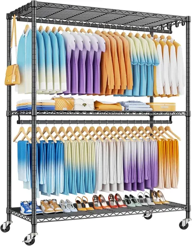 Vista 11 de P8 Perchero de Ropa Resistente (Con Diseño de Ancho Extendido) Percheros Rodantes para Colgar Ropa, Perchero Portátil con Ruedas Bloqueables, 51.2
