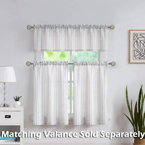 Vista 6 de SXZJTEX Cortinas de Cocina a Rayas para Cafetería, Niveles Rústicos Translúcidos con Rayas Finas, Cortinas para Ventanas Pequeñas con Bolsillo