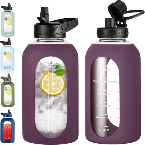 Vista 17 de EALGRO Botella de agua de vidrio de 32 onzas con popote y asa, frasco de agua motivacional deportivo con funda de silicona, taza grande a prueba