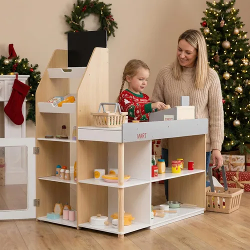 Vista 2 de Costzon Juego de simulación para tienda de comestibles, tienda de juegos de madera, juego de supermercado para niños pequeños con caja registradora