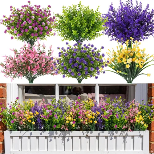 Vista 12 de CEWOR - 12 paquetes de flores artificiales para interior y exterior, margarita de seda falsa con hojas de eucalipto, flor artificial para maceta