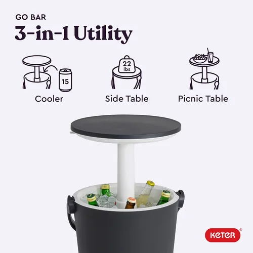Vista 4 de Keter Go Bar - Enfriador portátil de cerveza y vino de 4.2 galones con asa y mesa desplegable para exteriores, perfecto para tu patio, picnic