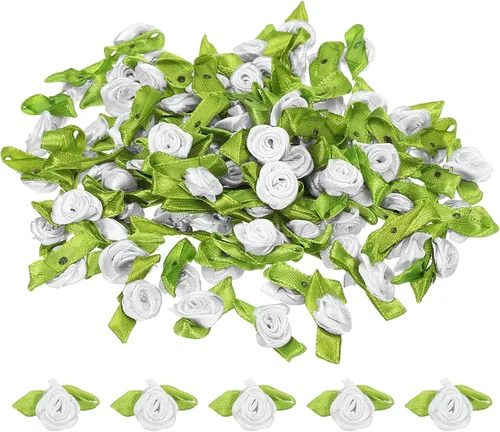 Vista 12 de PATIKIL Mini rosas de cinta, 100 unidades, pequeñas flores de tela de satén con adornos de hojas verdes, rosetas para manualidades, costura, boda