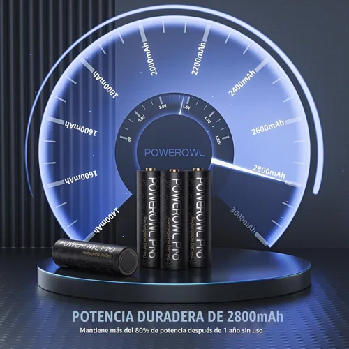 Vista 4 de POWEROWL Baterías AA recargables, alta capacidad de 2800 mAh, batería Premium NiMH doble A -12