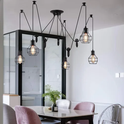 Vista 6 de Iluminación colgante industrial de 5 cabezales, lámpara de techo ajustable de estilo vintage de araña semiempotrada, candelabro rústico Edison