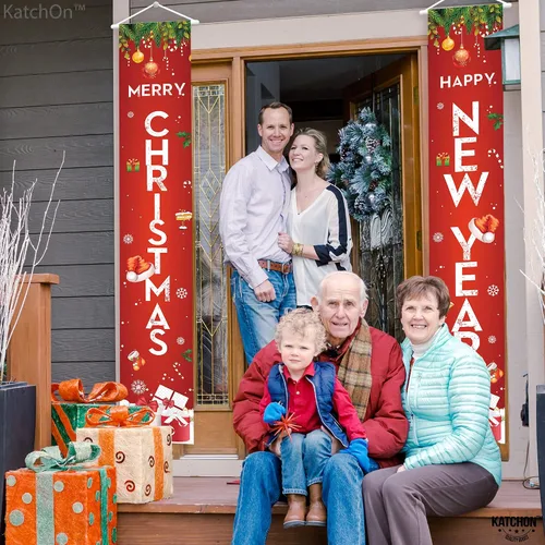 Vista 7 de KatchOn, Cartel de Feliz Navidad – 72 x 12 pulgadas, paquete de 2 Cartel de Feliz Año Nuevo para decoraciones de Año Nuevo 2025 Cartel de puerta