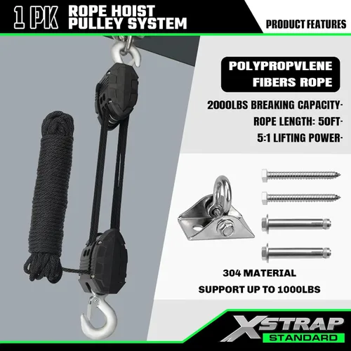 Vista 3 de XSTRAP STANDARD - Polipasto de cuerda de 50 pies, resistente bloque de rueda de rotura de 2000 libras Tackle Pulley System for Lifting Heavy