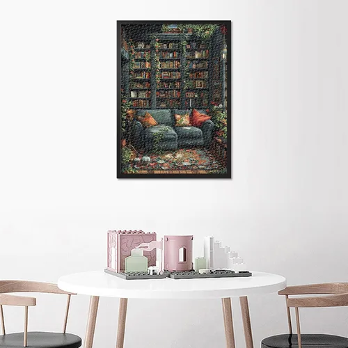 Vista 6 de Rompecabezas para adultos de 1000 piezas – Biblioteca vintage con estanterías, plantas y chimenea acogedora, rompecabezas para adultos de alta