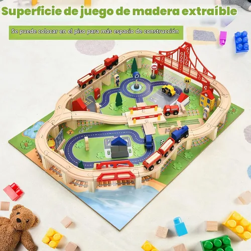Vista 5 de GLACER Mesa de tren, 100 piezas de madera con cajón de almacenamiento