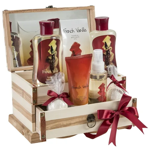 Vista 7 de Cesta de regalo de baño y cuerpo para mujeres y hombres, colección de baño y cuerpo de vainilla francesa, incluye gel de ducha, baño de burbujas