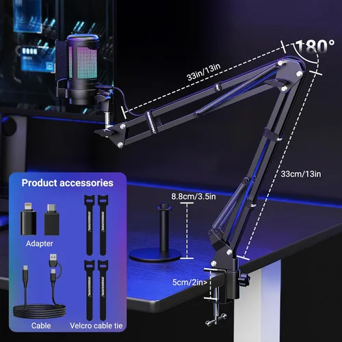 Vista 14 de Kit de micrófono USB para juegos, micrófono de condensador RGB con silencio, ganancia, soporte de brazo ajustable para monitoreo, filtro pop