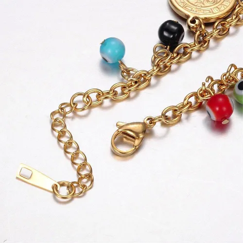 Vista 3 de Pulsera de acero inoxidable con cuentas de mal de ojo de langosta San Benito, plata de 7 pulgadas Z39