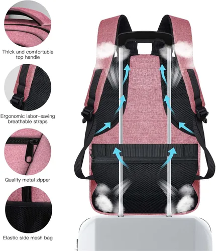 Vista 4 de Mochila de viaje grande, mochila grande para laptop de 17 pulgadas para hombres y mujeres con puerto de carga USB, Rosado, Rosa clásico