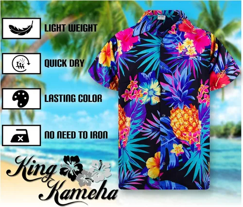 Vista 5 de Camisa hawaiana para hombre, casual, con botones, manga corta, unisex, flores, para fiesta en la playa, con flamenco y flores
