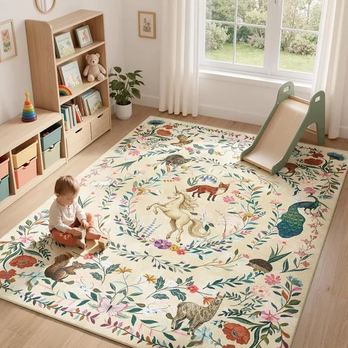 Vista 12 de jinchan Moonrise - Alfombra redonda de 5 pies para habitación de niños, lavable, suave, antideslizante, de pelo bajo, diseño de cuento de hadas