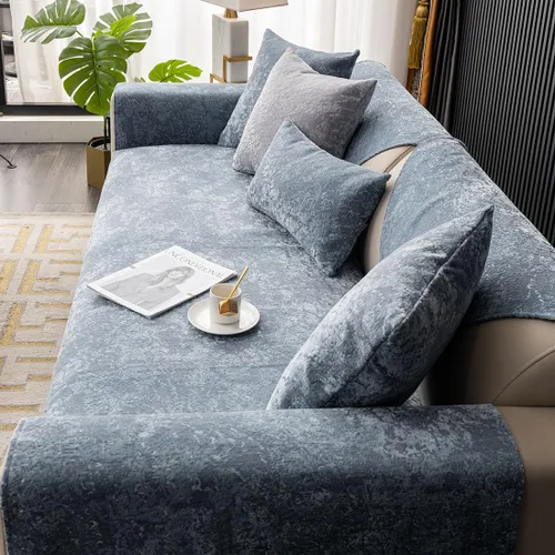 Vista 5 de vctops Funda de lujo de felpa en relieve para sofá, funda antideslizante de jacquard para sofá seccional, súper suave, protector de muebles para Azul
