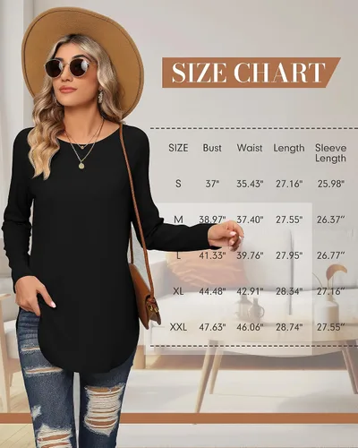 Vista 6 de Ficerd Pack de 2 camisas de manga larga para mujer, sudadera holgada con cuello redondo, dobladillo curvo, camiseta de punto, tops de túnica