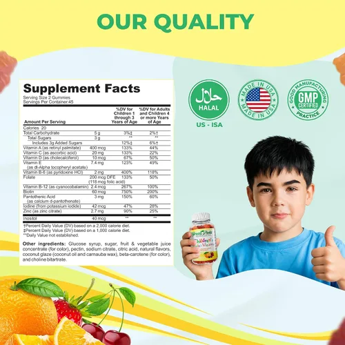Vista 4 de Greenfield Nutritions - Gomitas multivitamínicas halal sin gelatina para niños, todas las vitaminas halal esenciales A, B, C, D, yodo, zinc