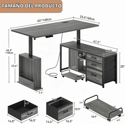 Vista 2 de Escritorio en forma de L de 63" con 3 cajones escritorios Gris