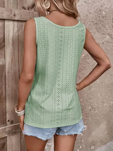 Vista 6 de Camisetas sin mangas para mujer, cuello redondo, con ojales, ajuste holgado, básicas, de color sólido, casual, de verano