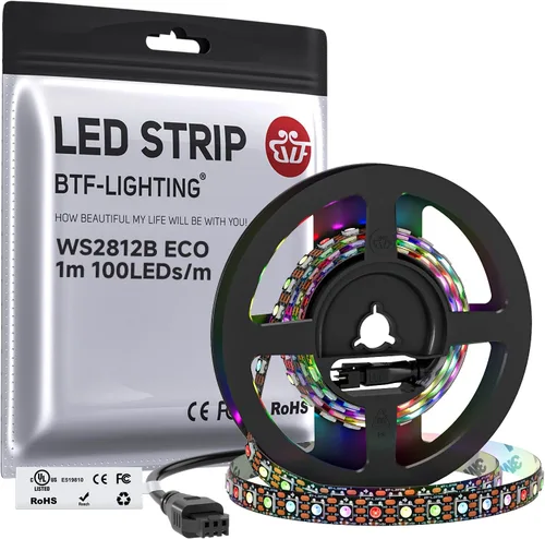 Vista 19 de BTF-LIGHTING WS2812B Tira LED RGB ECO, efectos de persecución 5050SMD direccionables individualmente, 3.3 pies, 60 píxeles/m, color de ensueño Negro