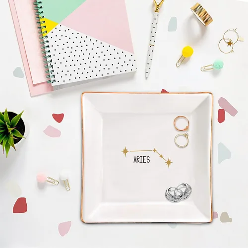 Vista 2 de XJF Aries - Plato para anillos del zodiaco, anillo o collar de astrología, bandeja de cerámica para baratijas, regalos de constelación para mujeres