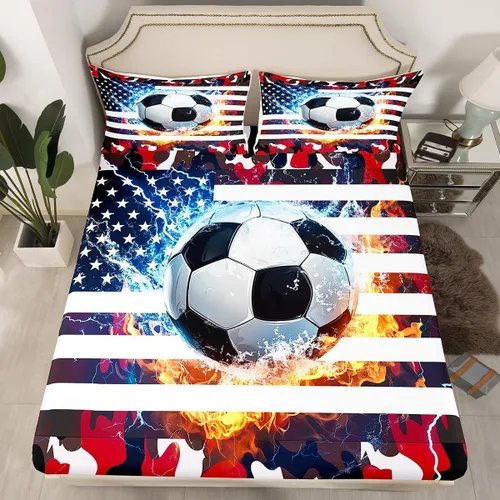 Vista 17 de Erosebridal American Flag Fitted Sheet Twin, Hockey Bedding Set United States Sports Games Bed Sheets for Kids Boys Teens Bedroom, Red White