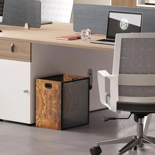 Vista 4 de Huxitocan - Cubo de basura retro para oficina, combinación de hierro y madera para dormitorio, cesta de basura rectangular con asa, diseño