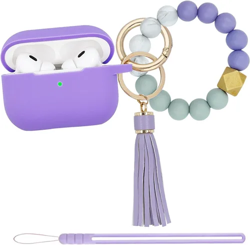 Vista 9 de Funda compatible con Airpods Pro de 2ª generación 2022, funda protectora de silicona suave con llavero de pulsera para Apple Airpods Pro 2 funda