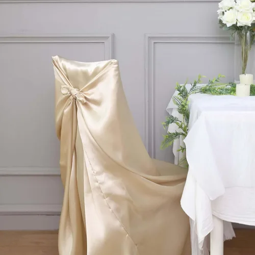 Vista 3 de Efavormart.com - Fundas para sillas beige de 1 pieza, satinadas, con lazo, universales, para banquetes, bodas, plegables, para sillas de comedor