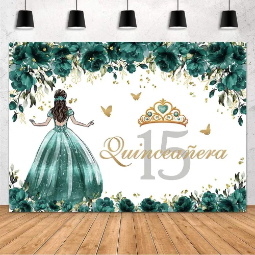 Vista 7 de MEHOFOND Telón de fondo de quinceañera Sweet 15 Girl Miss Quince Banner de rosas verdes y doradas, corona de niña en vestido de princesa, fiesta